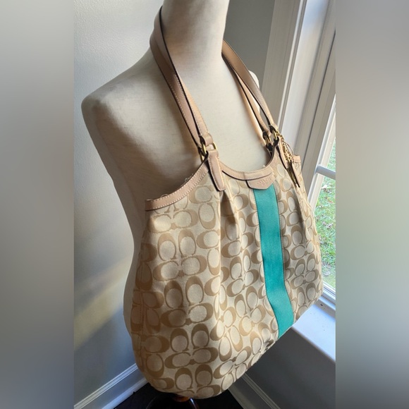 Coach Signature Devin Emerald Canvas Stripe Shoulder Bag - Picture 8 of 12